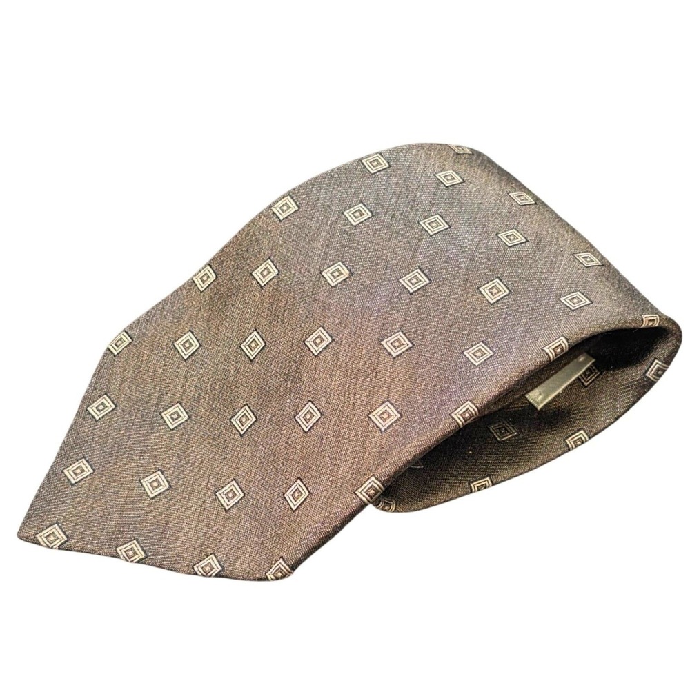 Mondo Seta Italy Geometric Square Pattern Tie Men's Brown‎ Tan 56" Made in USA